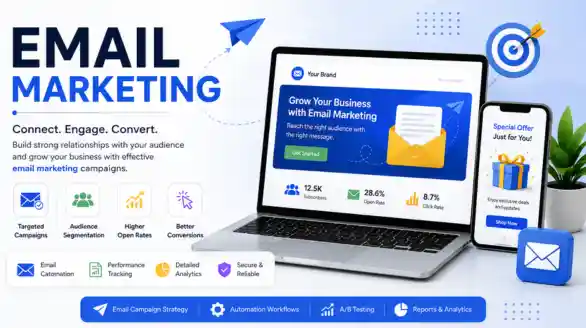 Email marketing services including automation, A/B testing, audience targeting, and performance analytics.
