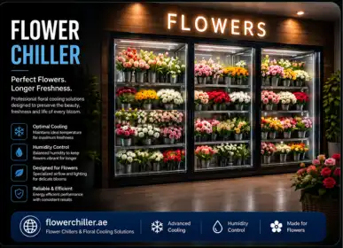 Flowerchiller.ae three-door commercial flower chiller providing professional floral cooling, temperature and humidity control, and long-lasting freshness for flower shops in UAE