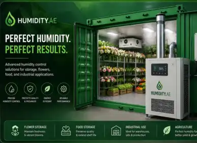 Humidity.ae industrial humidification system designed for flower cold rooms, warehouses, and food storage facilities.
