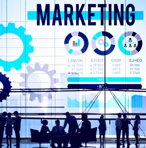A digital marketing team analyzing real-time analytics and sales funnel data on a large display screen.